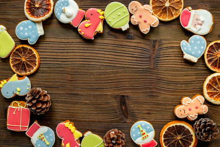 Frame of Christmas and New Year homemade cookies, top view.の写真素材