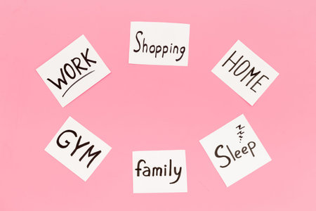 Many paper cards with hand drawing of different life activities. Life balance concept.