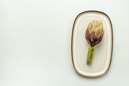 One artichoke flower - purple edible bud on a plate top view. Vegetables food ready to cook.の写真素材