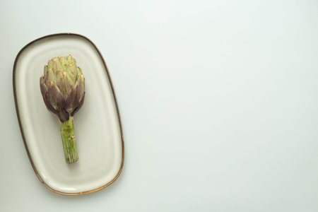 One artichoke flower - purple edible bud on a plate top view. Vegetables food ready to cook.の写真素材