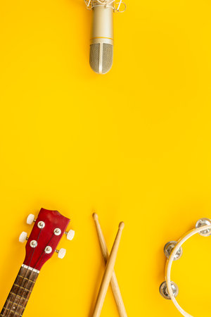 Different musical instruments with studio microphone. Recording music in studio concept.の写真素材