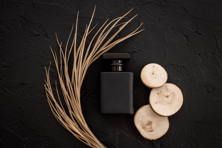 Black matte perfume bottle with ingredients. Top viewの写真素材