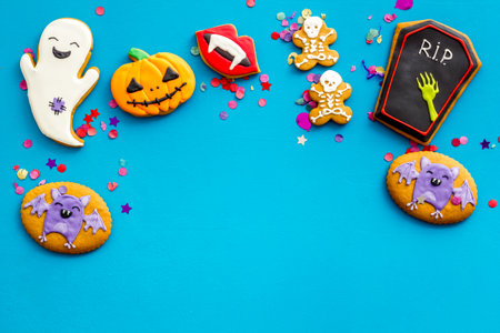 Sweets for Halloween party. Funny gingerbread biscuits top view.の写真素材