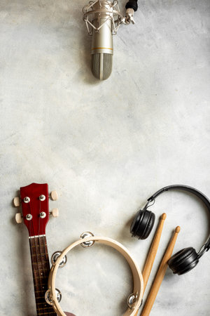 Different musical instruments with studio microphone. Recording music in studio concept.