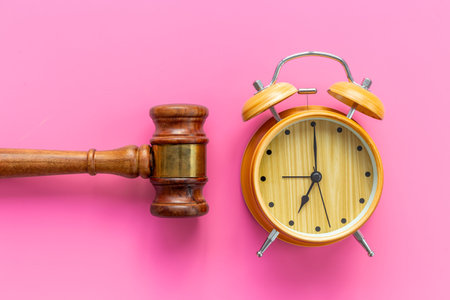 Alarm clock judges gavel, top view. Deadline and time management concept.の写真素材