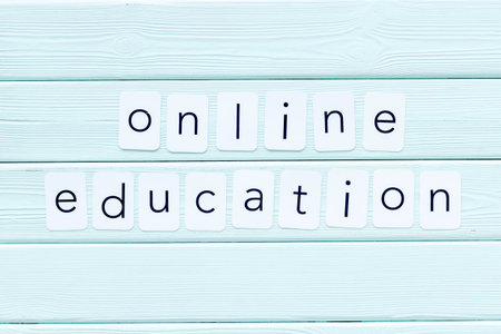 Paper cards with the text Online Education, top view.の写真素材