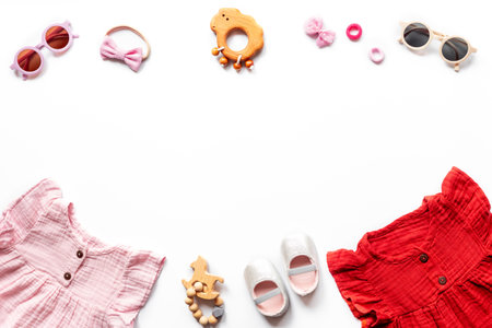 Flat lay frame of summer clothes for baby girl - pink and red cotton muslin dress with accessories, top viewの写真素材