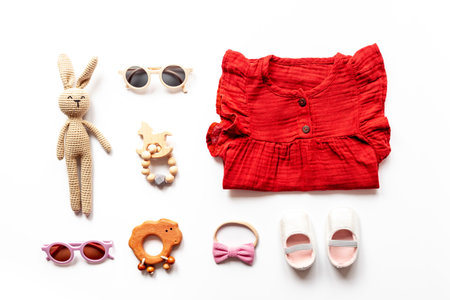 Flat lay of summer baby girl clothes - red cotton muslin dress with accessories and toys, top viewの写真素材