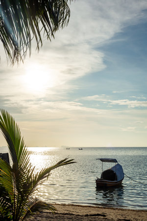 Sunset sea beach on tropical island, beautiful exotic travel landscape.の写真素材