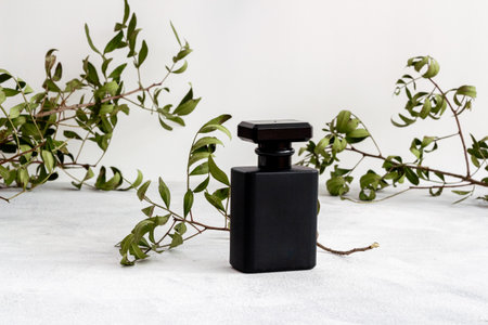Stylish black perfume bottle with green plants. Male fragrance conceptの写真素材