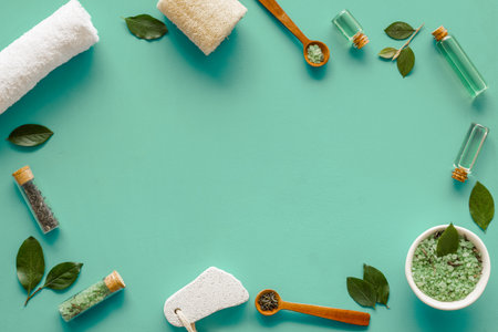 Spa pedicure accessories and organic cosmetics products - tea tree essential oil and sea salt near green leaves top viewの写真素材