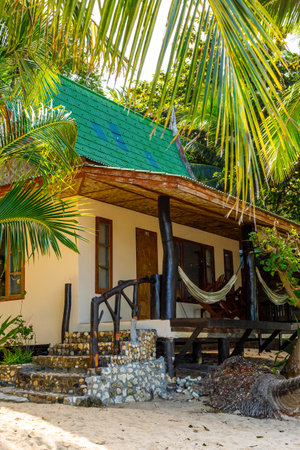 Beach bungalow with palm tree at tropical coast in Koh Phangan, Thailandの写真素材