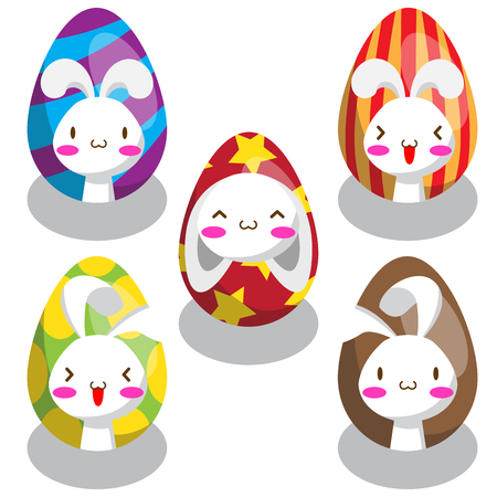 Five sets of Easter bunny on Easter eggのイラスト素材