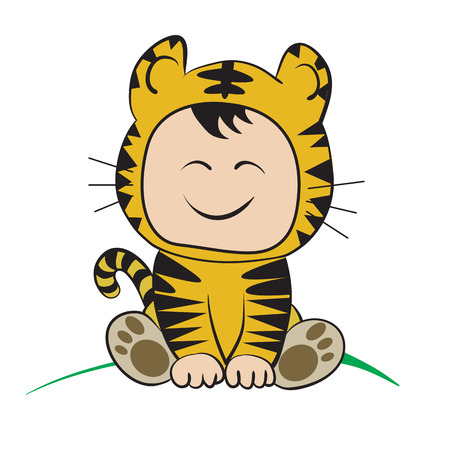 Baby in tiger  Costume  : done in a hand-drawn vector illustration styleのイラスト素材