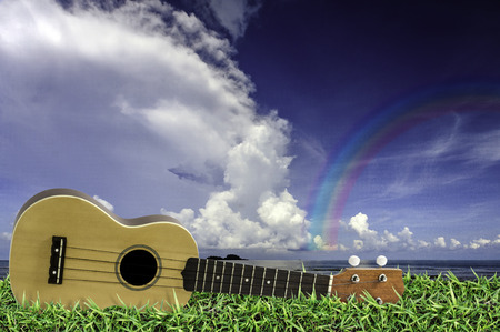 Ukulele on fresh green grass with blue sky and Rainbowの写真素材