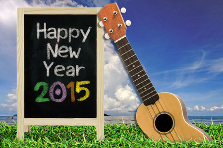 Ukulele with blue sky and Blackboard 2015 text on the grassの写真素材