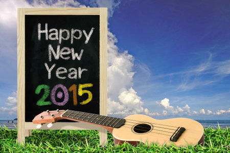 Ukulele with blue sky and Blackboard 2015 text on the grassの写真素材