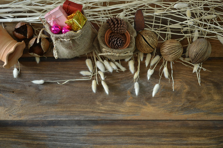 Christmas and New Year decoration on wooden background with copy spaceの写真素材