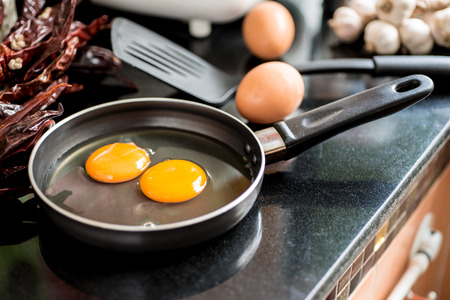 Eggs in a frying pan for breakfastの写真素材