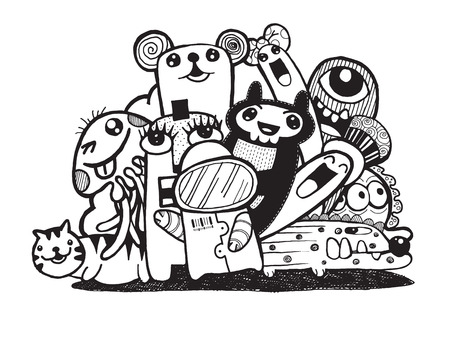 Hipster Doodle Monster Collage Background,Friends and friendly relationshipのイラスト素材