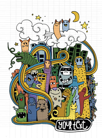 Hipster Hand drawn Crazy doodle Monster City,drawing style Pen on Paper Notebook.のイラスト素材
