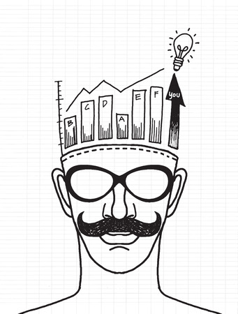 Hand drawn illustration of man thinking of business concept with graph on backgroundのイラスト素材