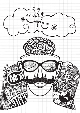 Hipster Businessman relaxing after hard work drawing style Pen on Paper Notebook .のイラスト素材