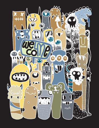 HipsterHand drawn Crazy doodle Monster City,drawing style.Vector illustration.のイラスト素材