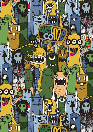 pattern with HipsterHand drawn Crazy doodle Monster City,drawing style.Vector illustration.のイラスト素材