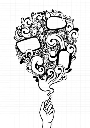Hand drawn Hipster Doodle Monster face appears in Cigarette Smoke, Design Elements Vector Illustration Setのイラスト素材