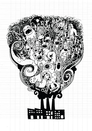 Vector illustration of Monsters Population of Our World (vector eps10), Notebook Doodle Design Elements on Lined Sketchbook Paper Illustrationの写真素材