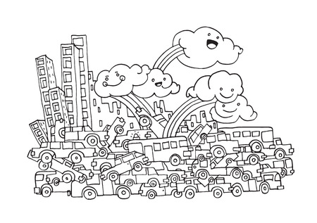Drawing style of urban landscape graphic city and cars のイラスト素材