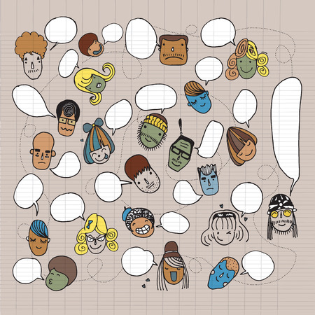 Hand drawn Funny pattern with cute faces and speech bubbles .Vector illustration.のイラスト素材
