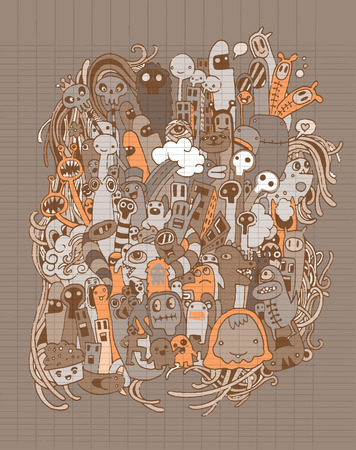 Hand drawn Aliens and Monsters cartoon doodle,drawing style Pen on Paper Notebook.Vector illustration.のイラスト素材