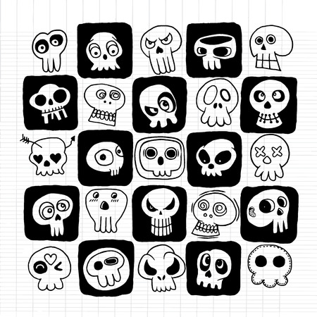 Hand drawn Skulls doodles vector set,drawing style Pen on Paper Notebook.Vector illustration.のイラスト素材