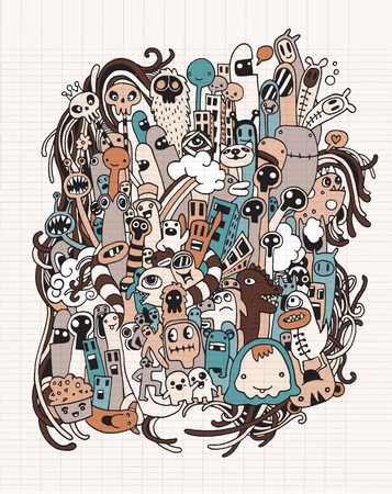 Hand drawn Aliens and Monsters cartoon doodle,drawing style Pen on Paper Notebook.Vector illustration.のイラスト素材