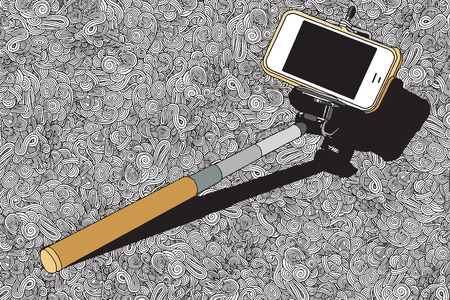 selfie stick mono pod with mobile phone with abstract hand drawn background,Vector illustration.のイラスト素材