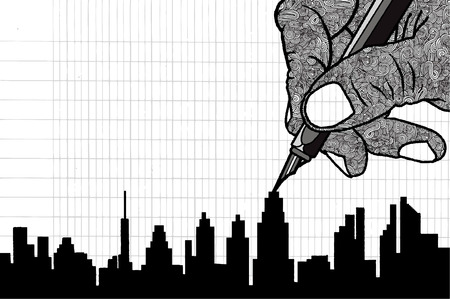 Simple line drawing of Building in big city.Vector illustration.のイラスト素材