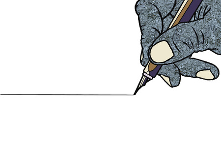 Simple line drawing of hand holding a pen.Vector illustration.のイラスト素材