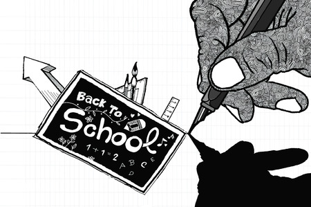 Male hand drawing  back to school . Doodle pen drawn background. Vector illustrationのイラスト素材
