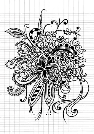 Doodle pattern with abstract branches and flowers. Black and white hand-drawn floral background.のイラスト素材