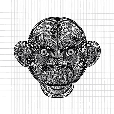 Hand drawing Monkey head avatar, Chinese zodiac sign,silhouette isolated,hand drawn portrait year of the monkey,Vector Illustration Design Elements on Lined Sketchbook Paper Backgroundのイラスト素材
