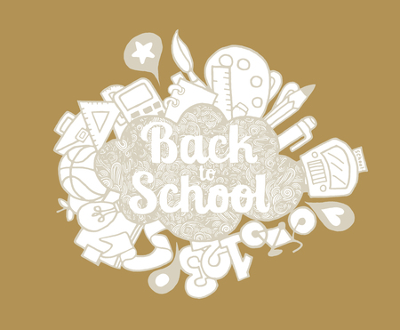 Freehand drawing school items on a sheet of School notebook. Back to school doodle mega set. Vector illustrationのイラスト素材