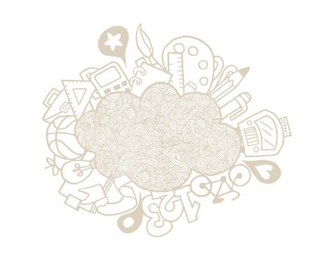 Freehand drawing school items on a sheet of School notebook. Back to school doodle mega set. Vector illustrationのイラスト素材