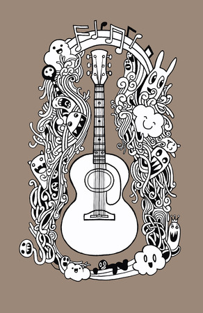 Hand drawing Doodle acoustic guitar,Flat Design.Vector illustrationのイラスト素材