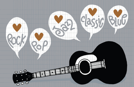 Hand drawing Doodle acoustic guitar,Flat Design,drawing style on Paper Notebook blue line.Vector illustration.のイラスト素材