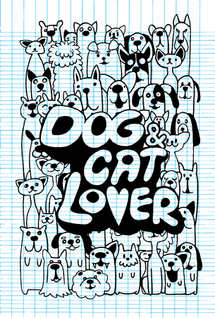 Hand drawn doodle Funny Dog and Cat Set.Vector illustration on Blue Lined Sketchbook Paper Background,Flat Designのイラスト素材