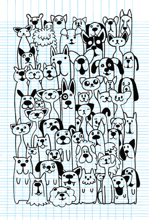 Hand drawn doodle Funny Dogs and Cat Set,Vector Illustration Design Elements on Blue Lined Sketchbook Paper Backgroundのイラスト素材