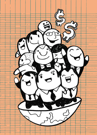 Hand drawing Group of Businessmen on top of the world, sketch for your design.drawing style Pen on Paper Notebook.Vector illustration.nのイラスト素材