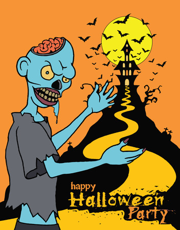 Hand Drawn of Halloween party poster,invitation with Zombie ,Flat Design Vector illustration.のイラスト素材
